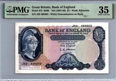 Great Britain Bank Of England 5 Pound 1961-63 Pick# 372 PMG 35 Choice Very Fine - Image 1 of 3
