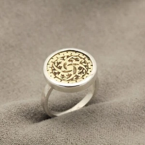 14k yellow gold & 925 sterling silver signet ring vintage heraldic design size 5 - Picture 1 of 8