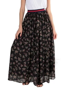 Maxi Rock Lang Blumen Sommer Chiffon Blickdicht One Size 42/44 Schwarz-Rosa - Bild 1 von 4