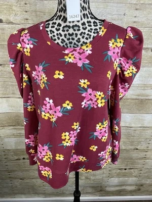 LuLaRoe Mandy Puff Shoulder Crewneck - Burgundy With Floral - Medium - Image 1 of 4