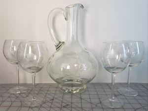 VINTAGE CUT & ETCHED CRYSTAL DECANTER & GLASSES SET - Picture 1 of 15