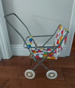 Vintage French Play Doll Buggy Foldable 1970's Aluminium Coloured Spots Stroller - Picture 1 of 14