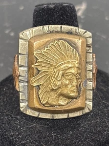 Vintage Mexican Biker Indian Chief Brass Ring Aztec/Mayan/Native American Sz 10 - Picture 1 of 11