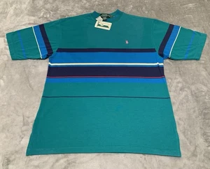 Vintage 90s Striped Shirt Mens Medium Teal Blue Knights of Round Table Tee Y2K - Picture 1 of 9
