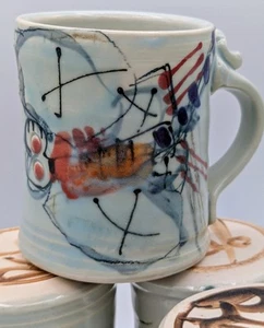 2002 Jim Reno Signed Pottery Abstract Dragonfly (4) Hand Painted Studio Art Mugs - Picture 1 of 7