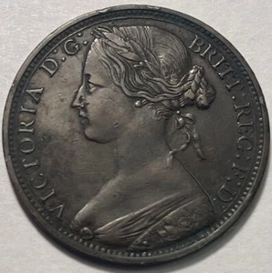 GREAT BRITAIN - Queen Victoria - One Penny - 1863 - Km-749.3 - AU/UNC Slider! - Picture 1 of 2