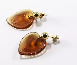LALIQUE "TELLINE" SHELL COEUR HEART LOVE AMBER TONE CRYSTAL DROP EARRINGS - Picture 1 of 6
