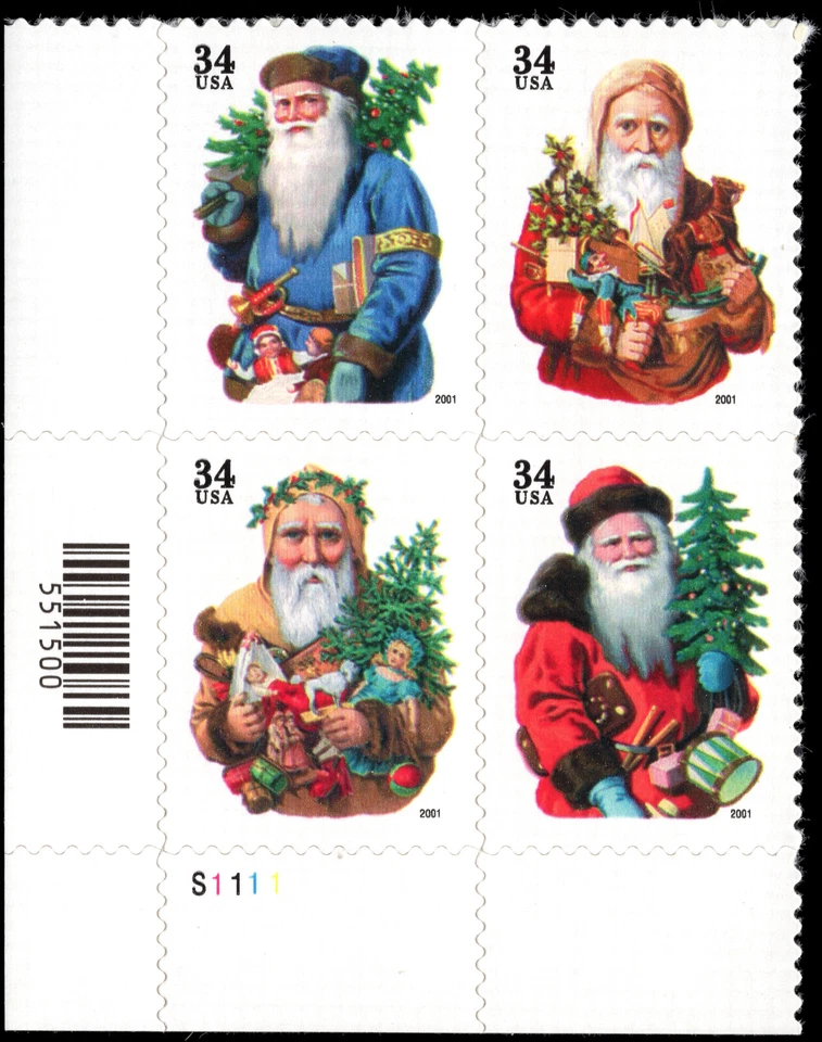 US Scott # 3540b, Santa Chromolithographs, Plate Block of 4 2001 34¢ Stamps, MNH - Image 1 of 1