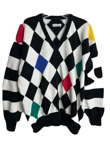 VTG HAND KNIT SWEATER GEOMETRIC MOD JESTER CLOWN NEW WAVE PREP HALLOWEEN Op Art - Picture 1 of 5