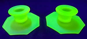 Vintage Uranium Glass Candlestick Holders, 1930s Depression Glass, Canary Yellow - Picture 1 of 8