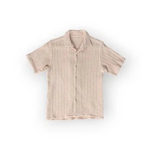 Crochet Short Sleeve Button Up Blouse Beige M - Picture 1 of 5