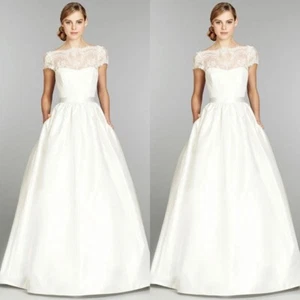 A Line Wedding Dresses White Lace Short Sleeves Satin Vintage Ivory Bridal Gowns - Picture 1 of 10