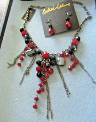Cookie Lee Ruby Red Necklace Earring Set NWT$57 Black Fishooks RARE 2008- 2009 - Image 1 of 4