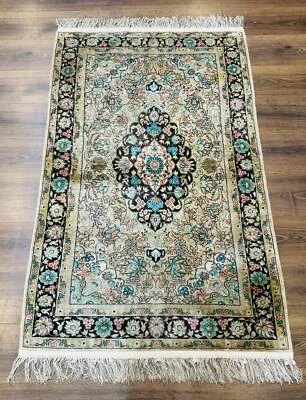 Indian Kashmiri Silk Rug 3x5, Floral Medallion, Fine 200 KPSI - Image 1 of 4
