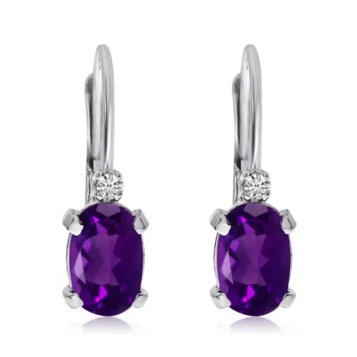 Серьги-рычаги из белого золота 14 карат с овальным аметистом и бриллиантами - Изображение 1 из 4