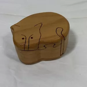 Handmade Wooden Hand Carved Cat Stash Puzzle Trinket Compartment Jewelry Box - Picture 1 of 8