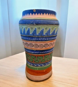 Mexico VASE TLAQUEPAQUE Opaque Folk Art Aztec Design Hand Painted Vintage - Picture 1 of 5