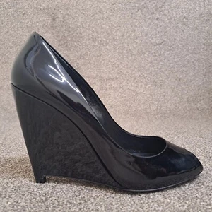 Miu Miu Wedges Black 40 UK 7 Patent Leather 4.25" Heel Peep Toe Prada - Picture 1 of 11