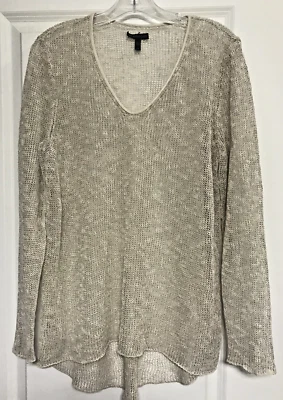 Suéter Eileen Fisher Talla L Beige Malla Cuello en V Cuero Borde Mezcla de Lino Foto 1 de 4