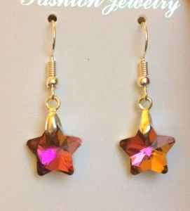 Multi Coloured Sunset Pink Star Shaped Faceted Glass Dangle / Drop Hook Earrings - Picture 1 of 2