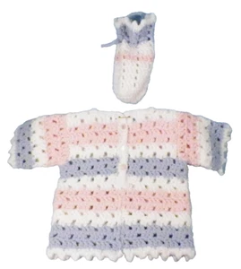 Size 6 Months Baby Sweater & Bottle Cover Pink Blue White Hand Crocheted New - Picture 1 of 8