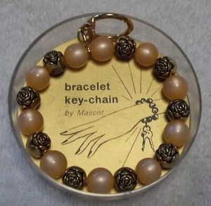Vintage Bracelet Key-chain ORANGE moon beads Gold Tone Flowers Orig Box MASCOT - Picture 1 of 23