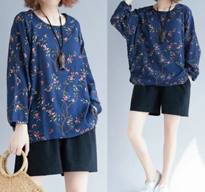 Loose Casual Women Top Cotton Floral Thin Blouse Long Sleeves Clothing Tee - Picture 1 of 16