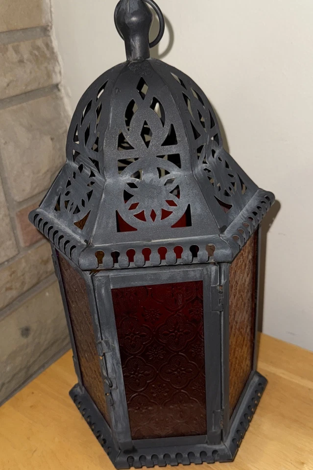 "Linterna vela colgante de pared estilo marroquí Lg vitral multicolor 18"" H" Foto 1 de 3