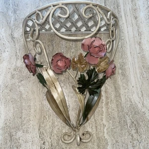 Vintage Shabby Chic Tole Wrought Iron Metal Flowers Wood Wall Shelf Cottage Core - Picture 1 of 14