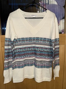 ExOfficio Sweater Wool Blend Ivory Blue Pink Green Design Stripe Sz Lrg - Picture 1 of 3