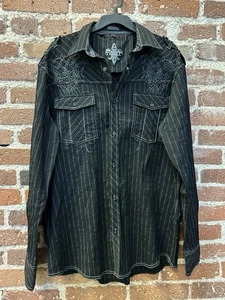 Roar Black Pinstripe Western Shirt Men’s Large Long Sleeve Front Pockets Rock - Picture 1 of 9