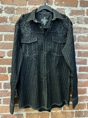 Roar Black Pinstripe Western Shirt Men’s Large Long Sleeve Front Pockets Rock - Image 1 of 4
