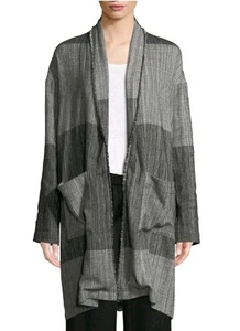 Eileen Fisher Black Organic Cotton Hazy Blocks Shawl Cardigan Jacket L/XL - Picture 1 of 8
