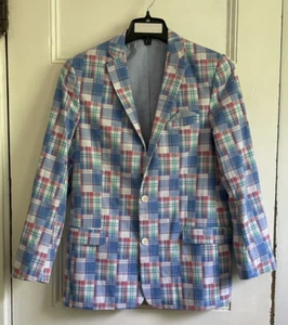 Tommy Hilfiger Blazer Boys 20 Blue Plaid Patchwork Summer Jacket Preppy Classic - Picture 1 of 10