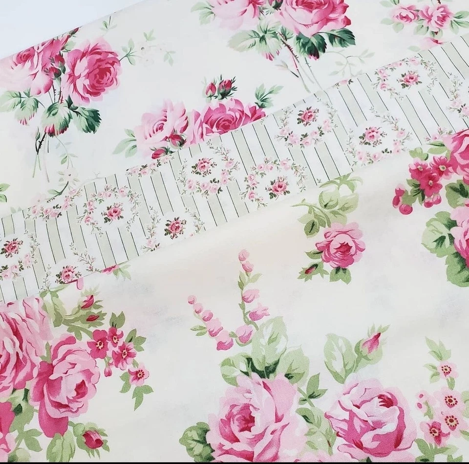 Tanya Whelan Fabric Antique Ticking Roses Blue Shabby Chic Sew Quilt 3  ONE YARD - Image 1 of 1