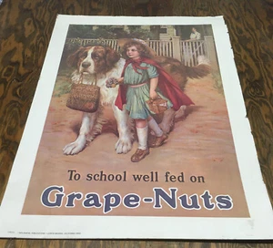 Vintage Grape nuts cereal poster To school well fed on grape nuts girl and dog  - Picture 1 of 11