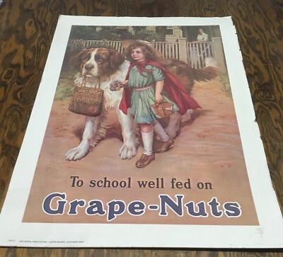 Vintage Grape nuts cereal poster To school well fed on grape nuts girl and dog  - Image 1 of 4
