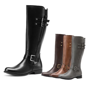 Women Low Heel Round Toe Side Zipper Motorcycle Riding Knee High Boots - Picture 1 of 26