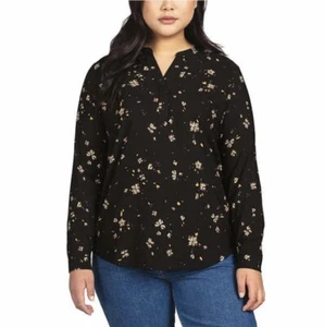 HILARY RADLEY LONG SLEEVE BLOUSE BLACK FLOWER MEDIUM HIGH LOW HEM NEW TAGS - Picture 1 of 7