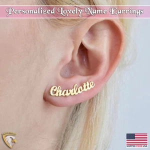 Custom Name Stud Earrings Pair Women Stainless Steel Fashion Jewelry Gold Silver - Picture 1 of 11