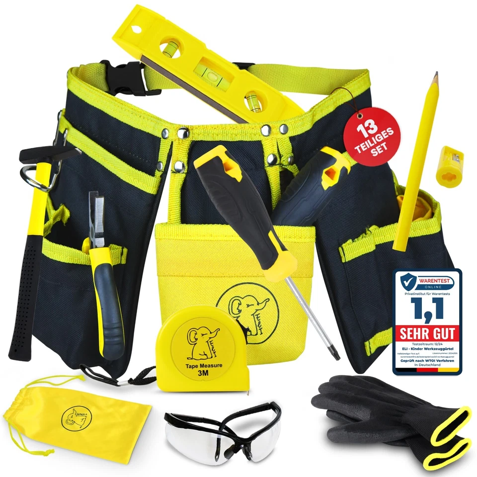 Eli Werkzeuggürtel für Kinder ab 6 Jahre echtes Kinderwerkzeug inkl Hammer Zange