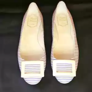 Roger Vivier White and Blue Stripped Leather Ballerina Flats, size 40 1/2 Euro - Picture 1 of 4