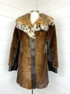 Abrigo de Colección Schumacher Marrón Castor Bobcat Cuero Chaqueta de Piel Bolsillos Forrados Talla M/L - Imagen 1 de 12