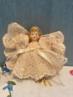 Vintage Angel Christmas Ornament Porcelain Head Folded Fabric Lace body/wings