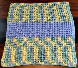 Baby Blanket Afghan Crocheted Blue Yellow Green 25x27 Vintage - Picture 1 of 11