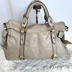Miu Miu Vitello Lux 2Way Shoulder Handbag Leather Beige Ribbon Bow Authentic Y2K - Picture 1 of 20