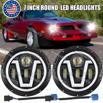 Pair 7"inch LED Headlights Hi/Lo DRL Angel Eyes for Pontiac Firebird 1970-1976 - Image 1 of 4