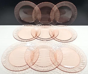 9 Arcoroc Rosaline Pink Luncheon Plate Set Swirl Optic Dishes Cristal France Lot - Picture 1 of 24