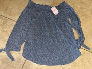 NWT Chelsea & Violet Heathered Blue Off The Shoulder Long Tie Sleeve Top XS $39 - Picture 1 of 3