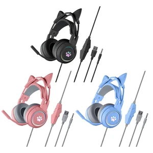 Removable Illuminated Cat Ear Wired USB Gaming Headset for Gaming Gamers - Picture 1 of 10